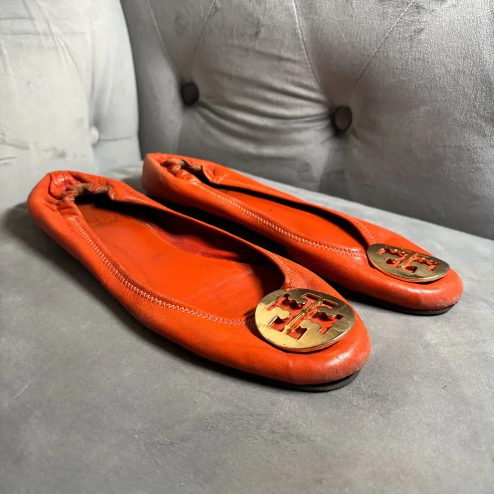 Tory Burch Minnie Travel‎ Ballet Flats Orange Leather Gold Logo – Women’s Size